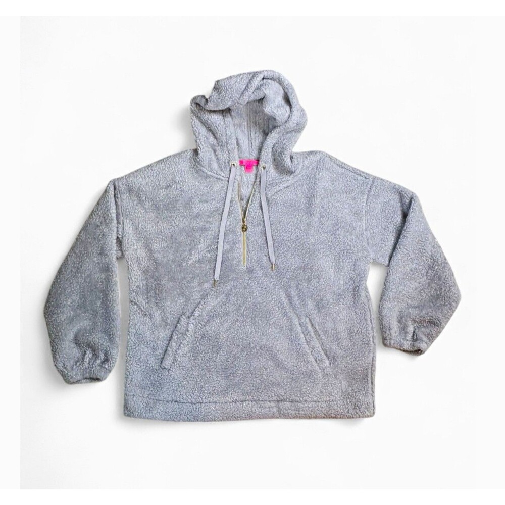 Lilly Pulitzer Suri Sherpa Half-Zip Hoodie L Lunar Grey Silver Shimmer